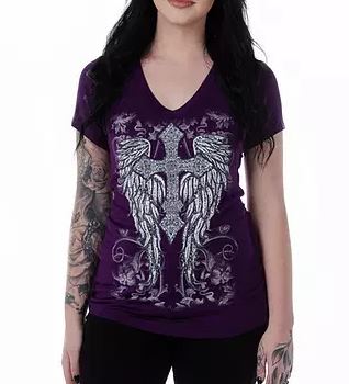 Purple Vneck with Cross and Wing
