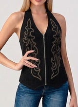 Load image into Gallery viewer, Black Embordered  Microsuede Halter