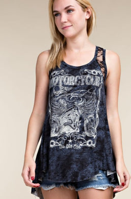 Motorcycle Tank Top with Stone and Lace Detail