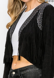 Rhinestone Fringe Suede Jacket Black