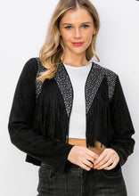 Load image into Gallery viewer, Rhinestone Fringe Suede Jacket Black