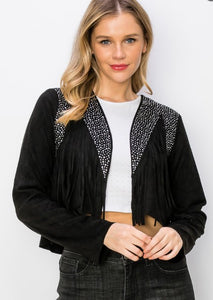 Rhinestone Fringe Suede Jacket Black