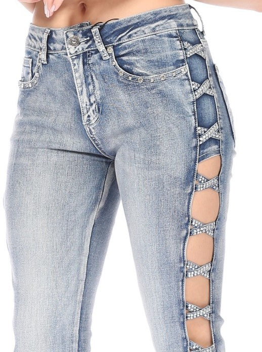 Cut Out At Side Rhinestone Trim Stretch Denim Jeans
