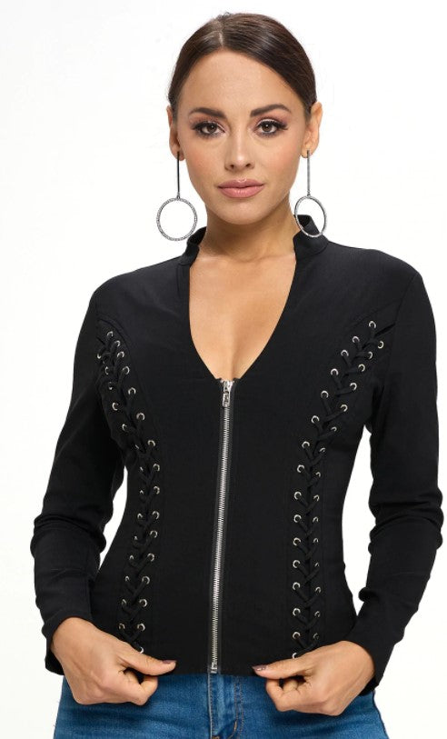 Black Lace Up Front Long-sleeved Jacket - S thru 3xl