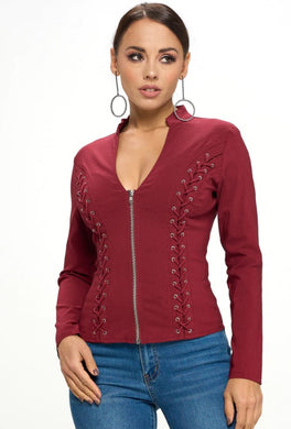 Burgundy Lace Up Front Long-sleeved Jacket - S thru 3xl